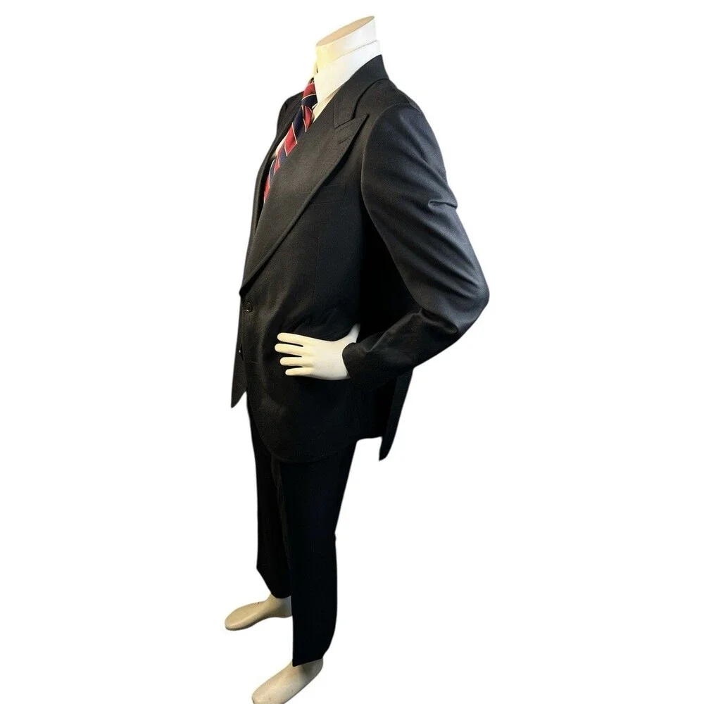 Vtg Bespoke Men Suit Black Flannel Wool Hand Tailored Surgeon’s Cuffs 48R 46x30